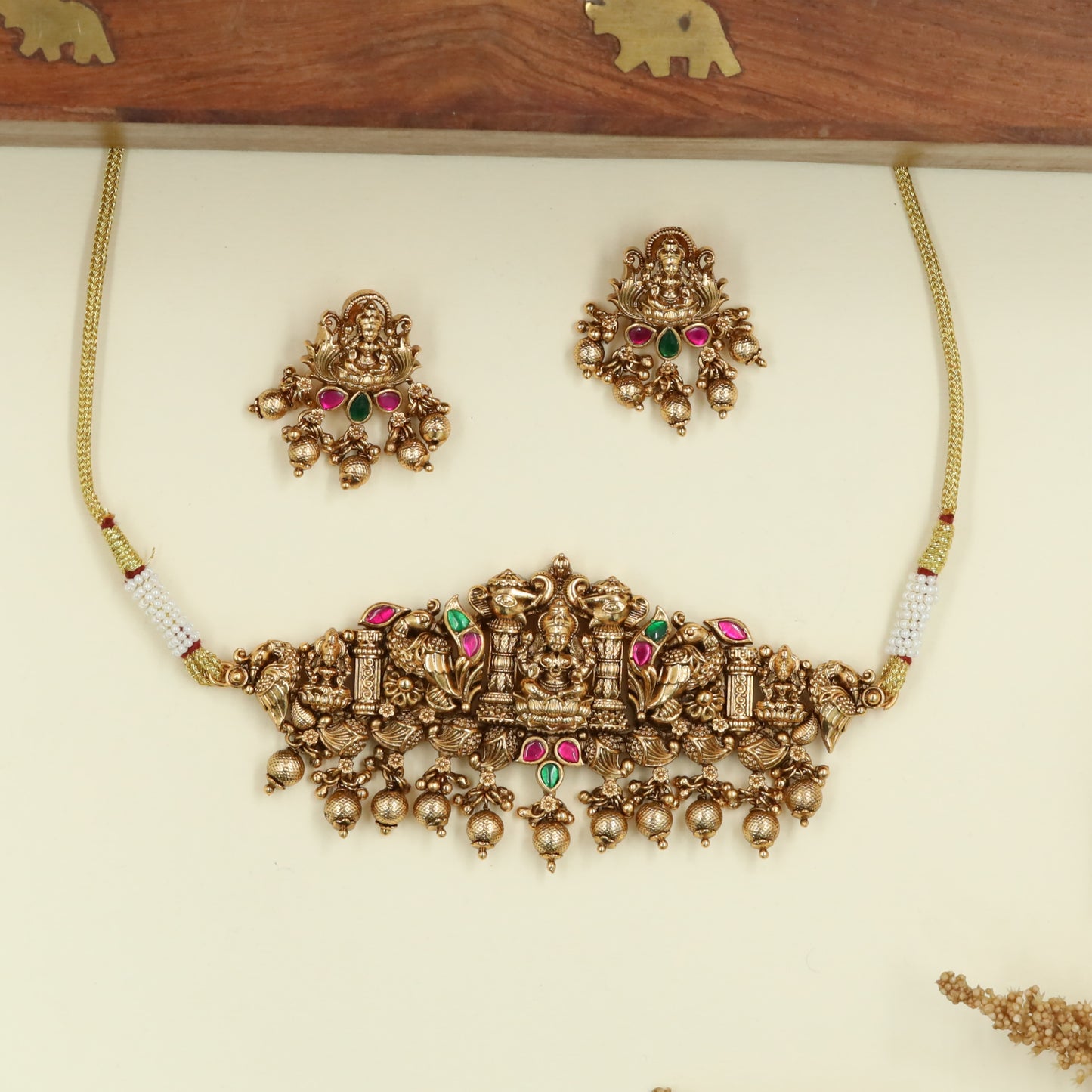 Majestic Lakshmi Antique Choker with Temple Pillar Panels and Drop Danglers