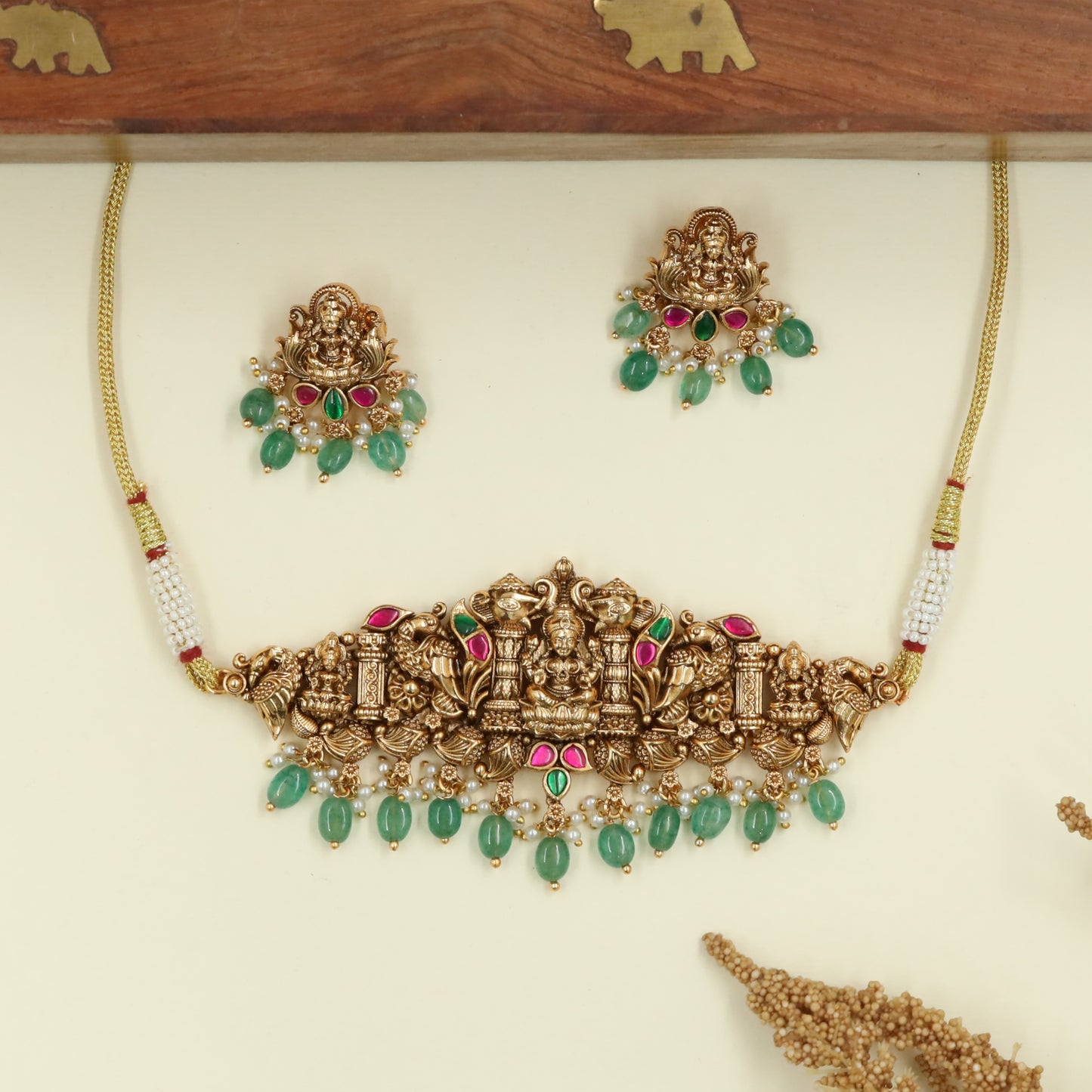 Majestic Lakshmi Antique Choker with Temple Pillar Panels and Drop Danglers