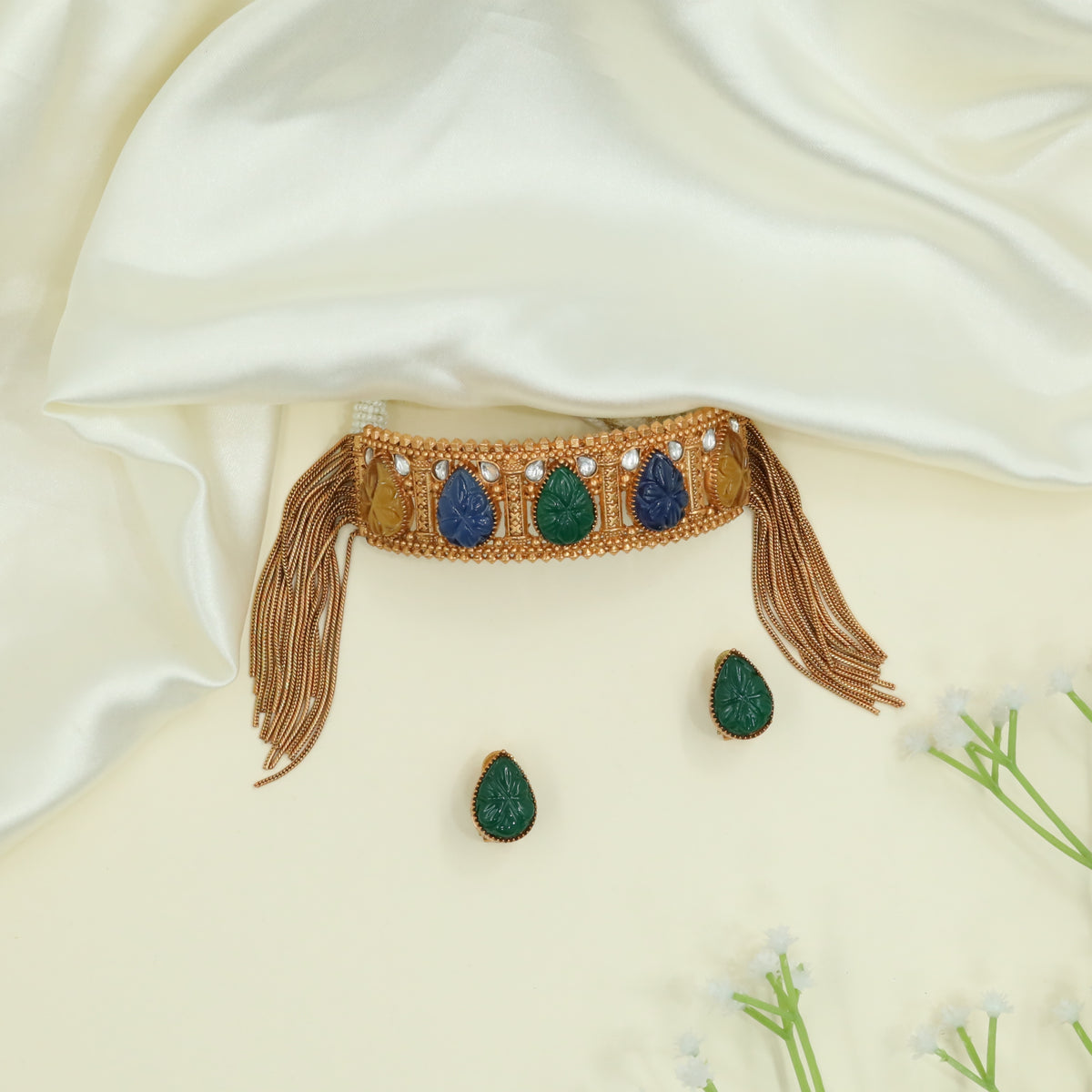 Curved Band Matt Choker with Alternating Carved Panels and Tassel Ends