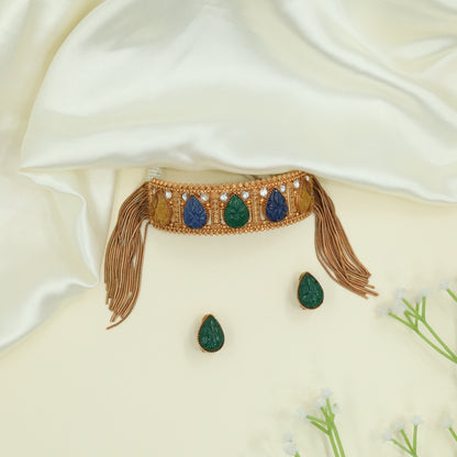 Curved Band Matt Choker with Alternating Carved Panels and Tassel Ends