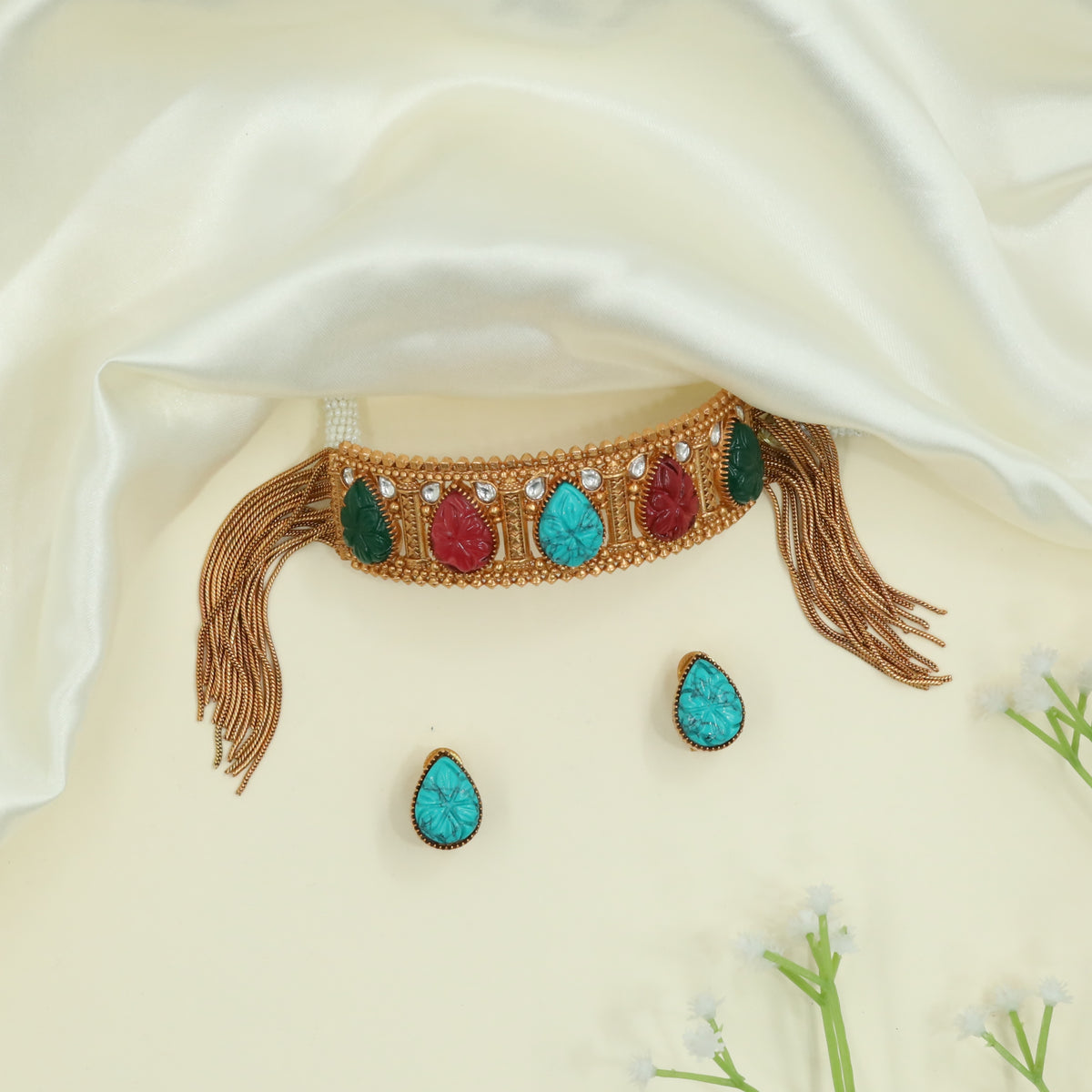 Curved Band Matt Choker with Alternating Carved Panels and Tassel Ends