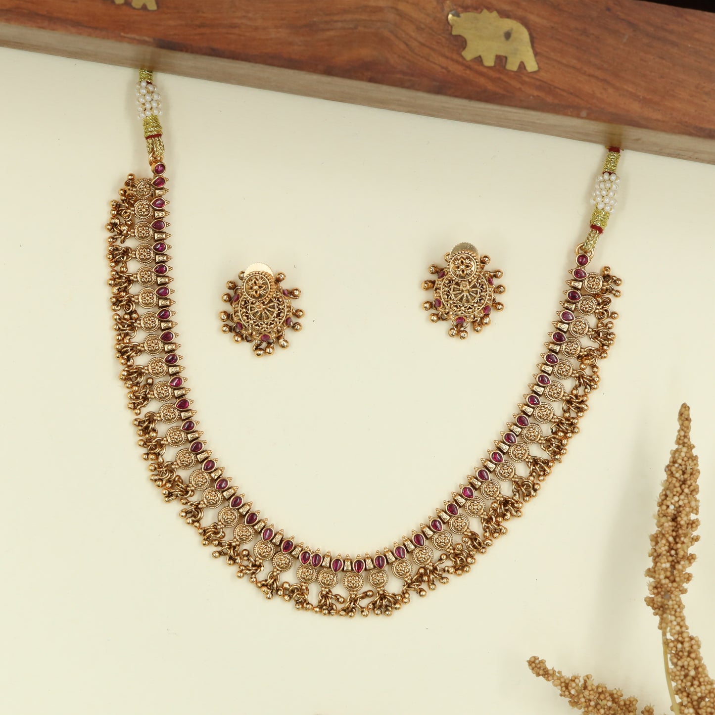 Radiating Link Antique Necklace with Coin Discs and Drop Fringe Border