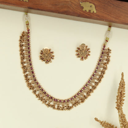 Radiating Link Antique Necklace with Coin Discs and Drop Fringe Border