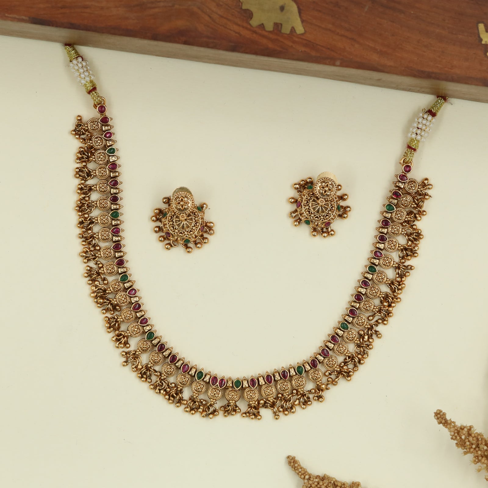 Radiating Link Antique Necklace with Coin Discs and Drop Fringe Border