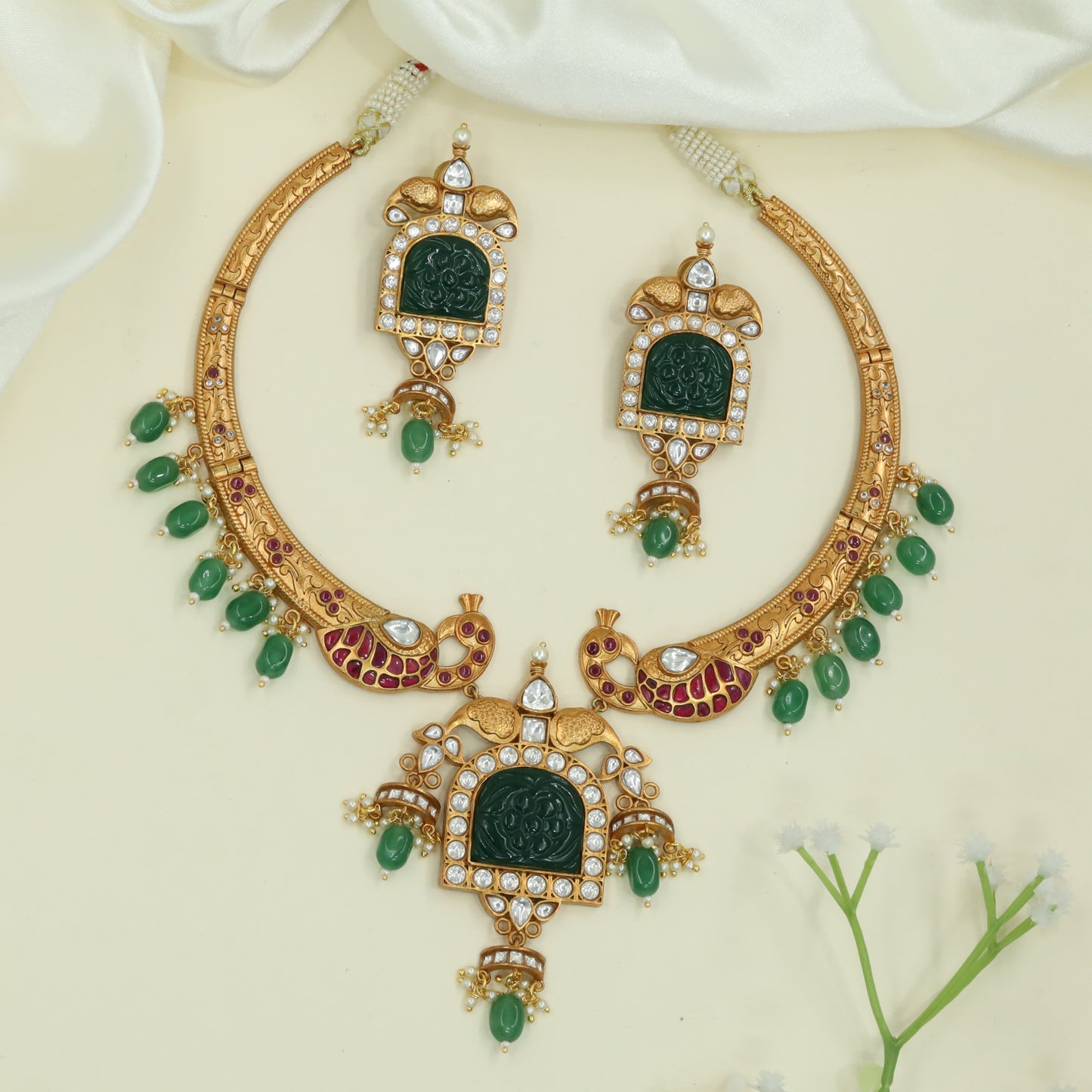 Traditional Peacock Motif Necklace with Engraved Collar and Dangling Drops