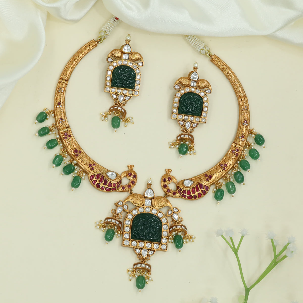 Traditional Peacock Motif Necklace with Engraved Collar and Dangling Drops