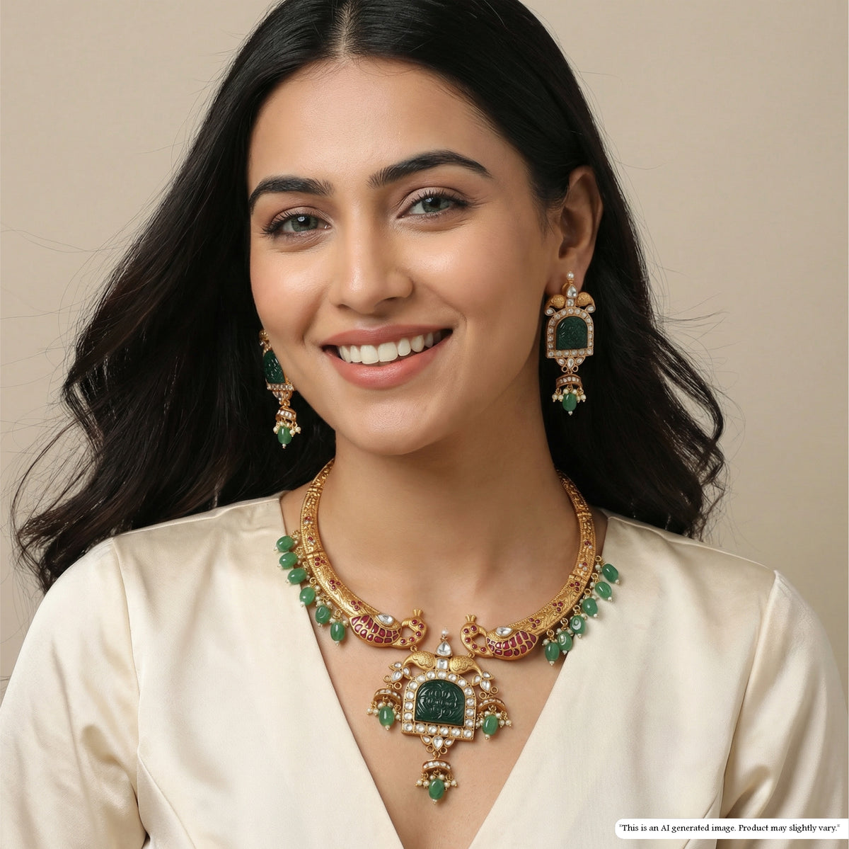 Traditional Peacock Motif Necklace with Engraved Collar and Dangling Drops