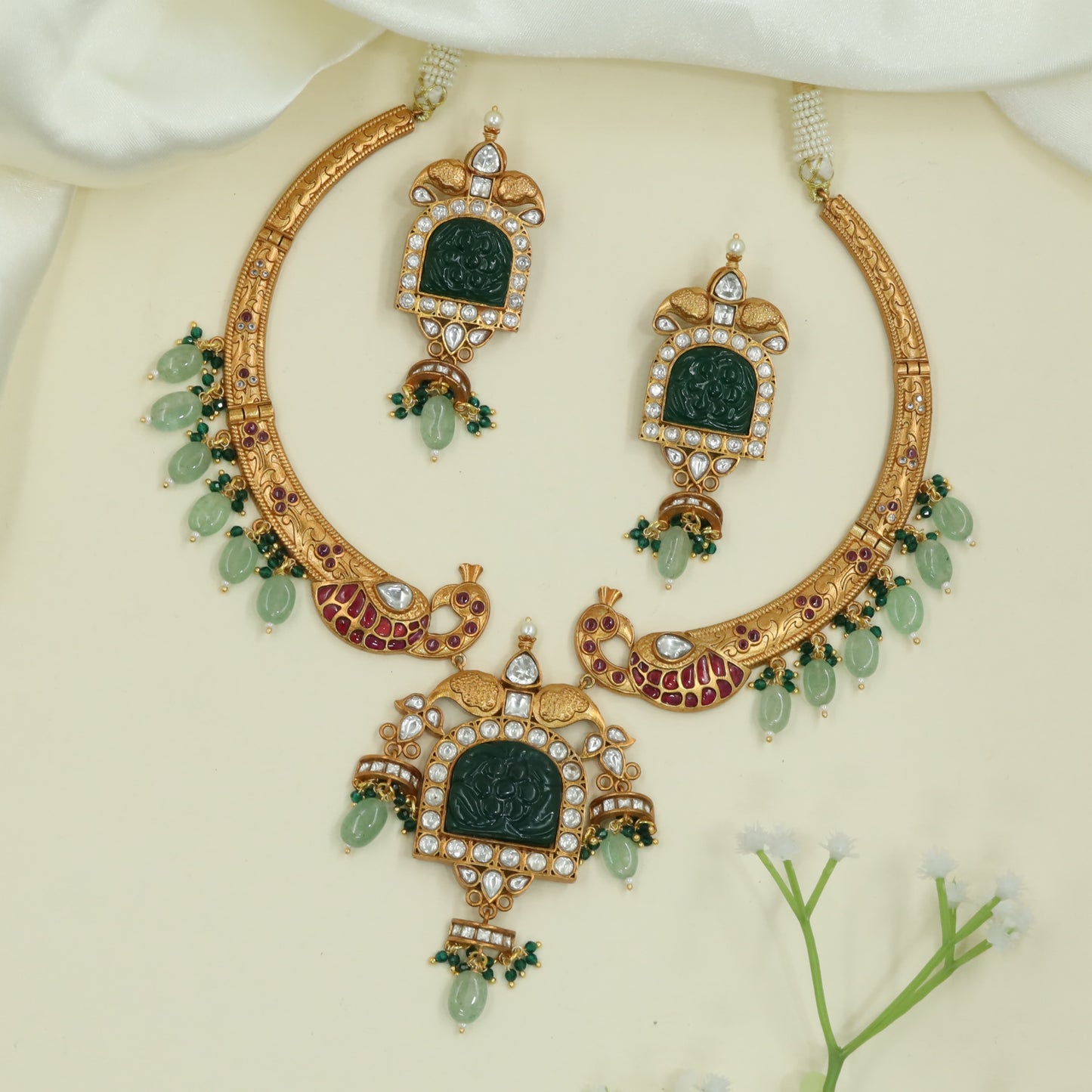 Traditional Peacock Motif Necklace with Engraved Collar and Dangling Drops