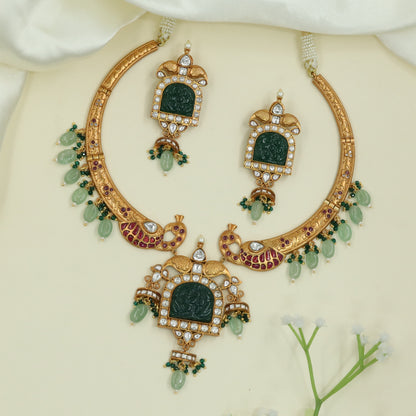 Traditional Peacock Motif Necklace with Engraved Collar and Dangling Drops