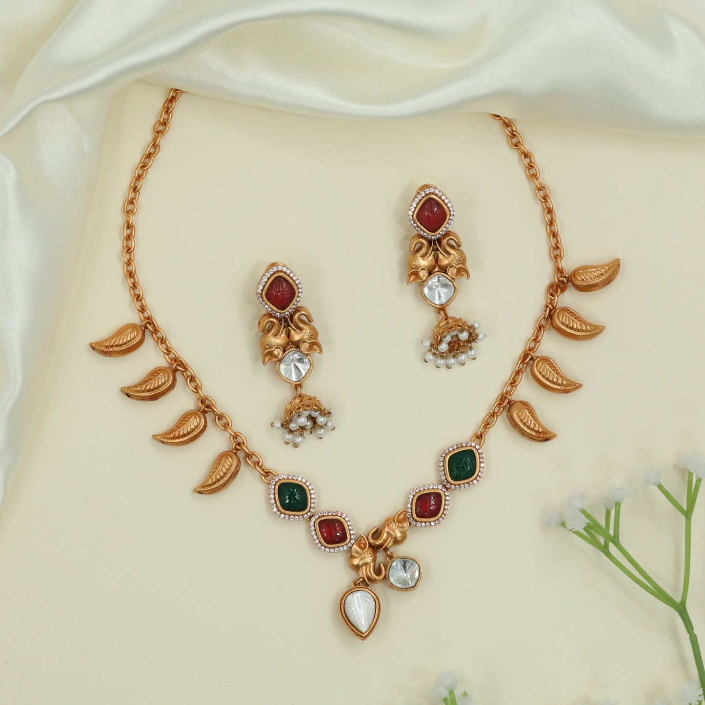 Decorative Link Matt Necklace with Alternating Square Units and Leaf Dangling Charms