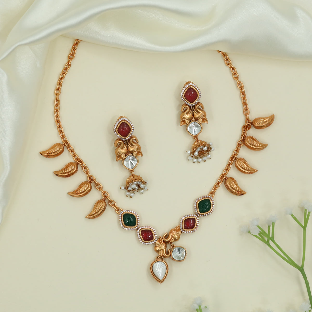 Decorative Link Matt Necklace with Alternating Square Units and Leaf Dangling Charms