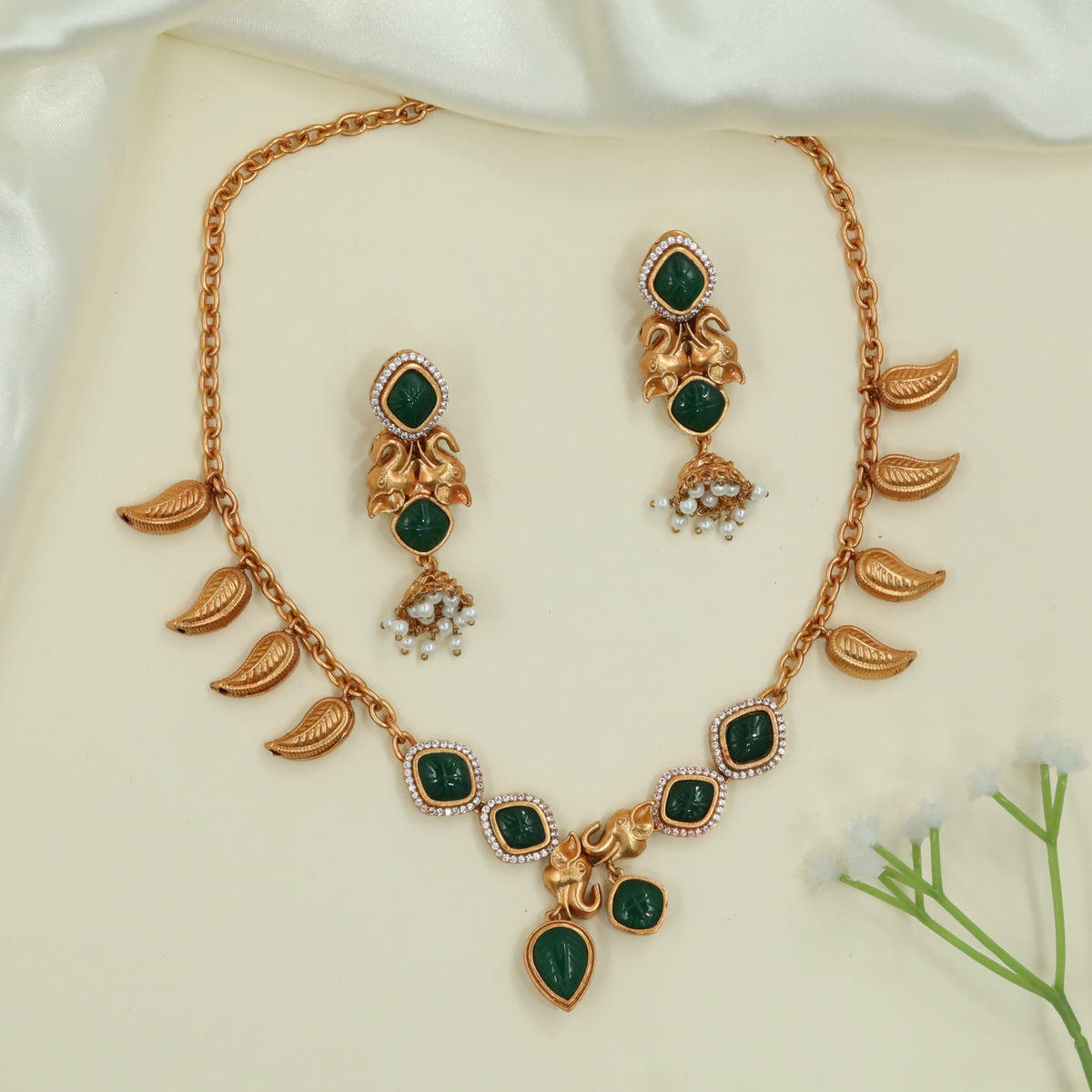 Decorative Link Matt Necklace with Alternating Square Units and Leaf Dangling Charms