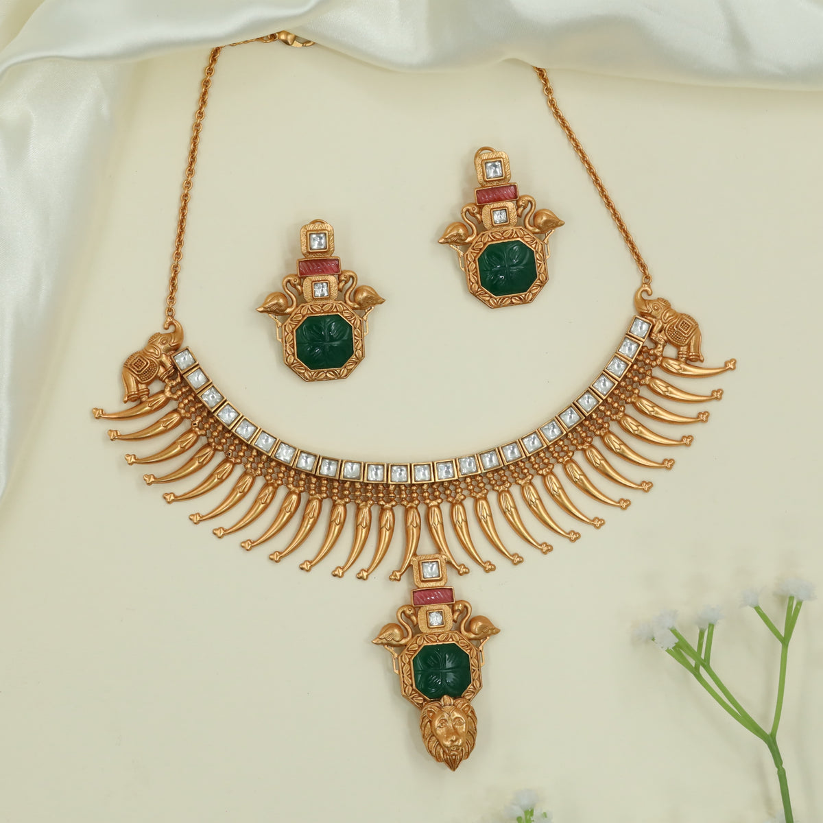 Curved Panel Matt Necklace with Structured Top Row and Hanging Spike Fringe