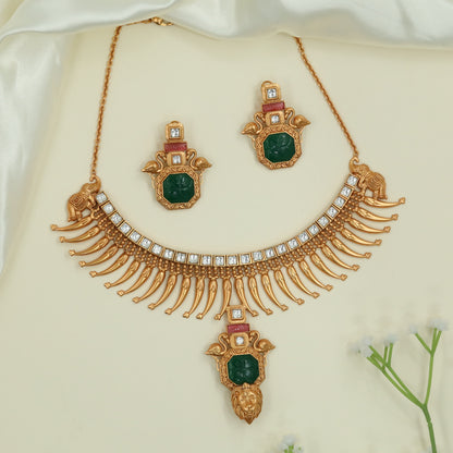 Curved Panel Matt Necklace with Structured Top Row and Hanging Spike Fringe