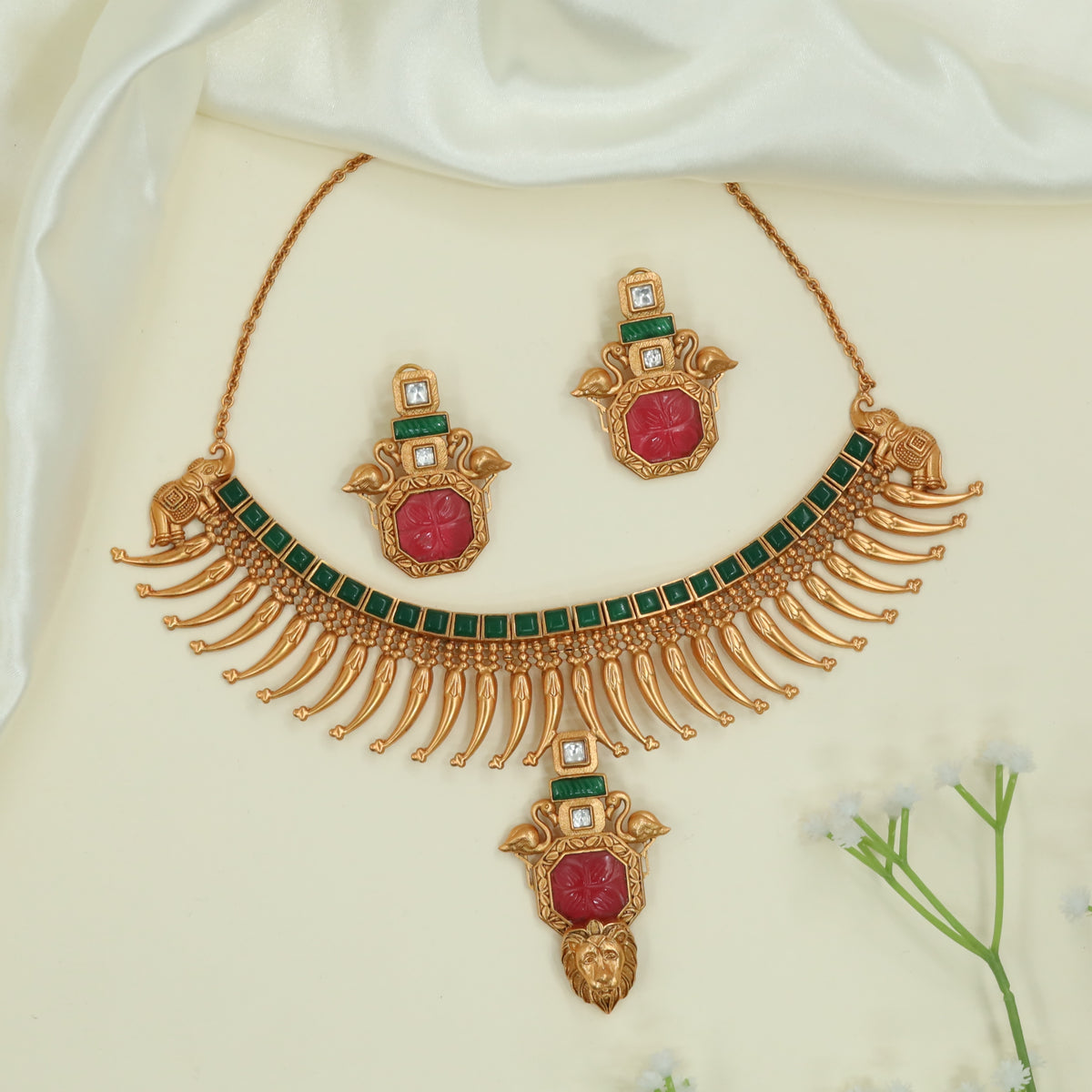 Curved Panel Matt Necklace with Structured Top Row and Hanging Spike Fringe
