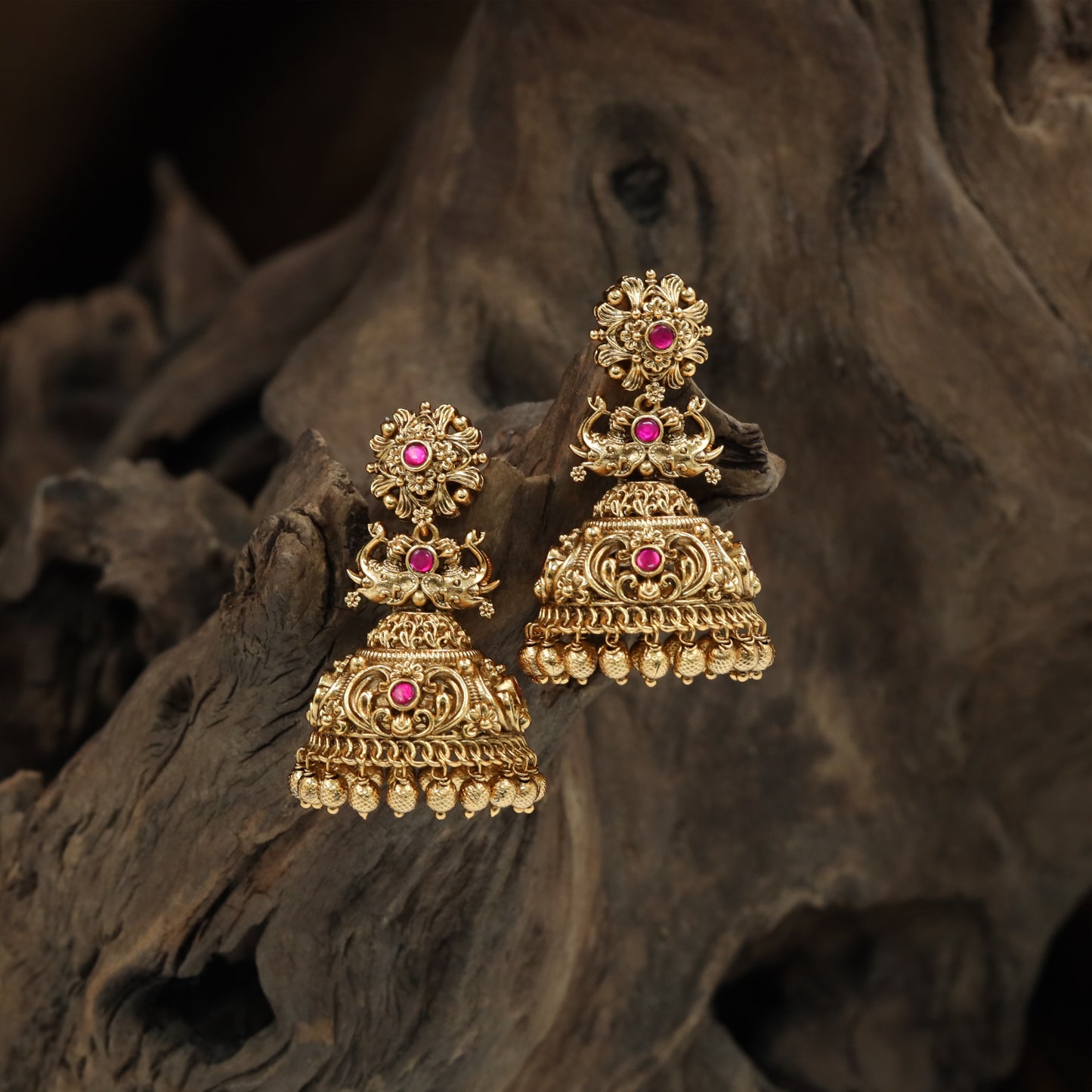Radiating Floral Elephant Antique Jumka with Layered Dome and Drop Danglers