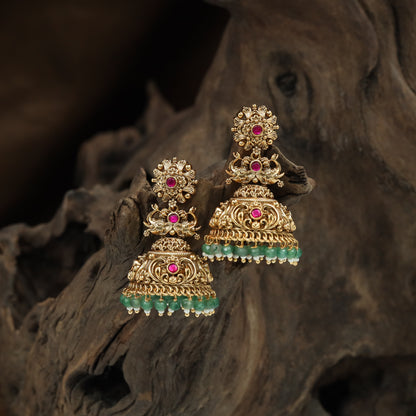 Radiating Floral Elephant Antique Jumka with Layered Dome and Drop Danglers