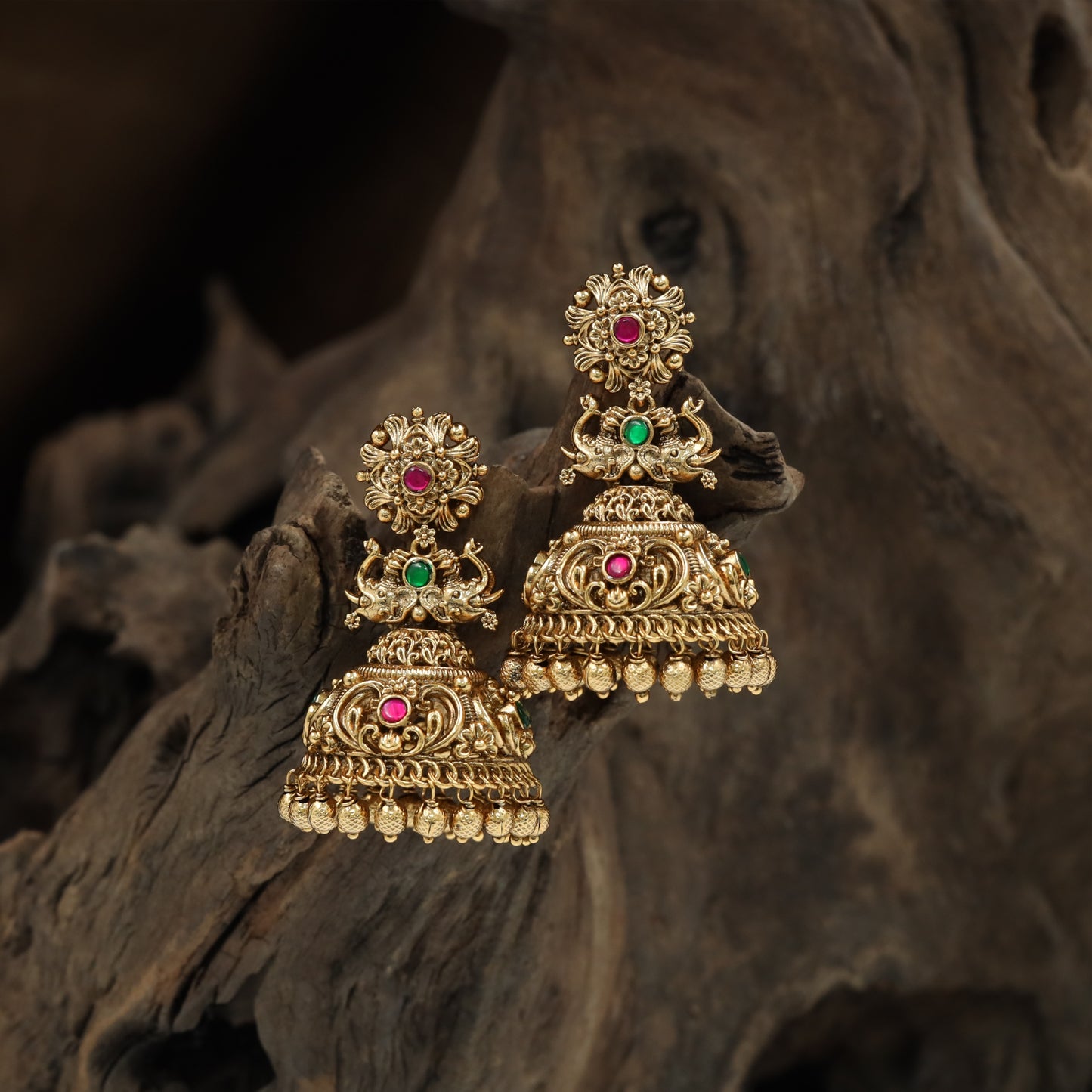 Radiating Floral Elephant Antique Jumka with Layered Dome and Drop Danglers
