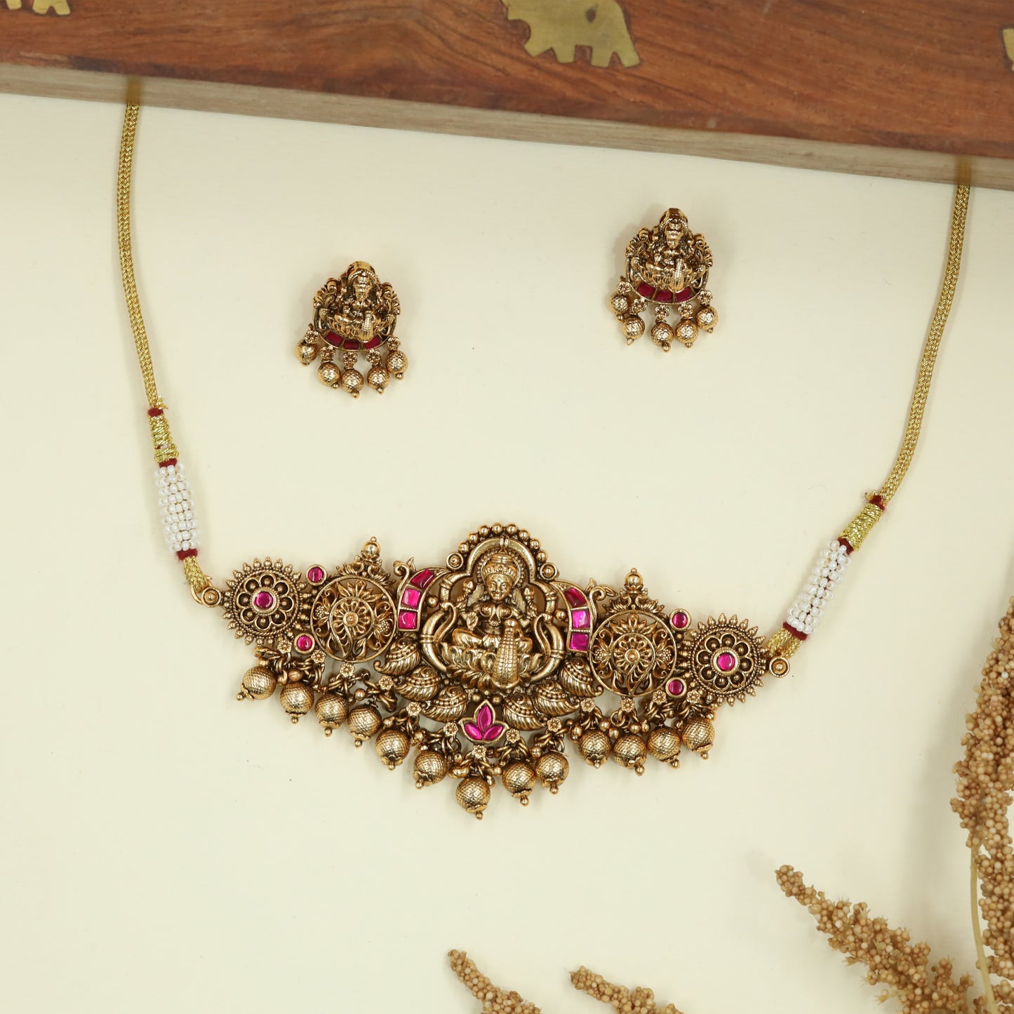Crowned Lakshmi Temple Antique Choker with Circular Side Medallions and Drop Danglers