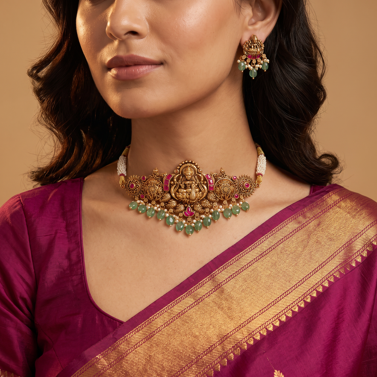 Crowned Lakshmi Temple Antique Choker with Circular Side Medallions and Drop Danglers
