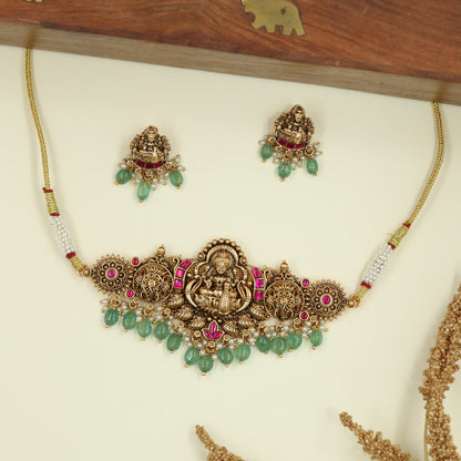 Crowned Lakshmi Temple Antique Choker with Circular Side Medallions and Drop Danglers
