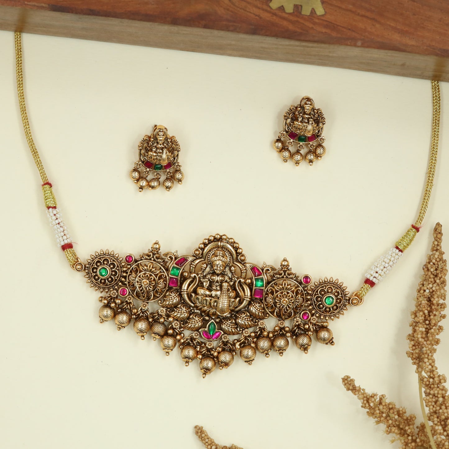 Crowned Lakshmi Temple Antique Choker with Circular Side Medallions and Drop Danglers