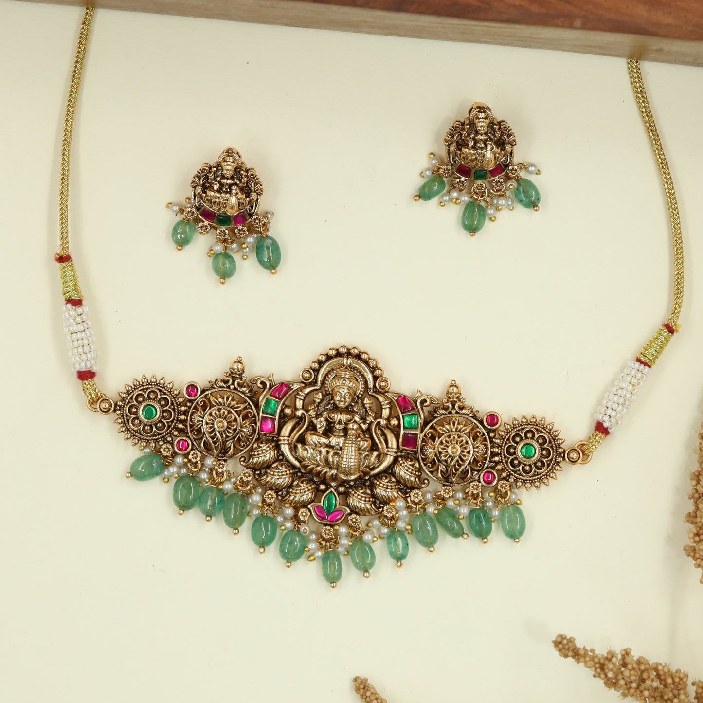 Crowned Lakshmi Temple Antique Choker with Circular Side Medallions and Drop Danglers