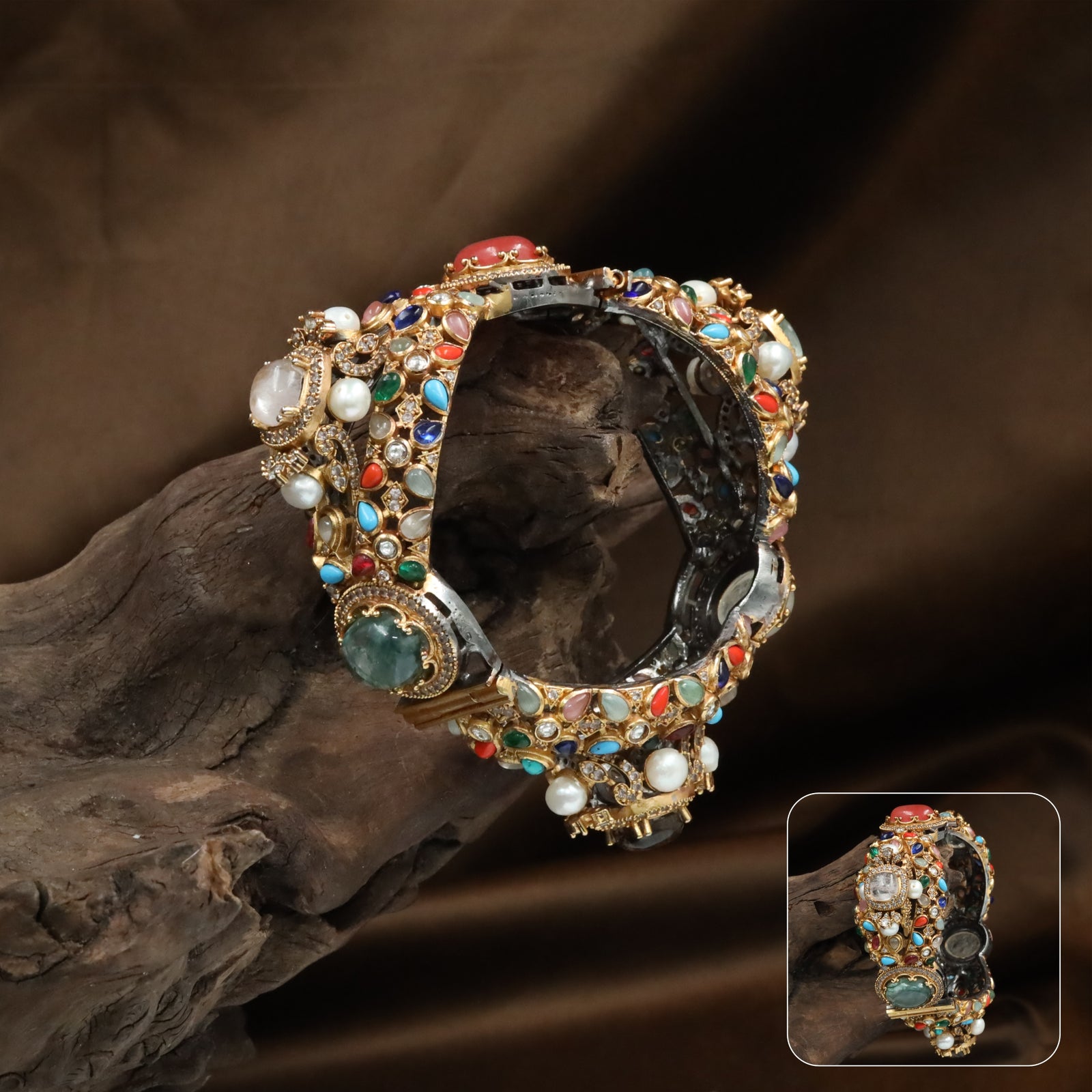 Mixed Stone Kundan Bangles with Multi Shape Units and Dense Surface Detailing