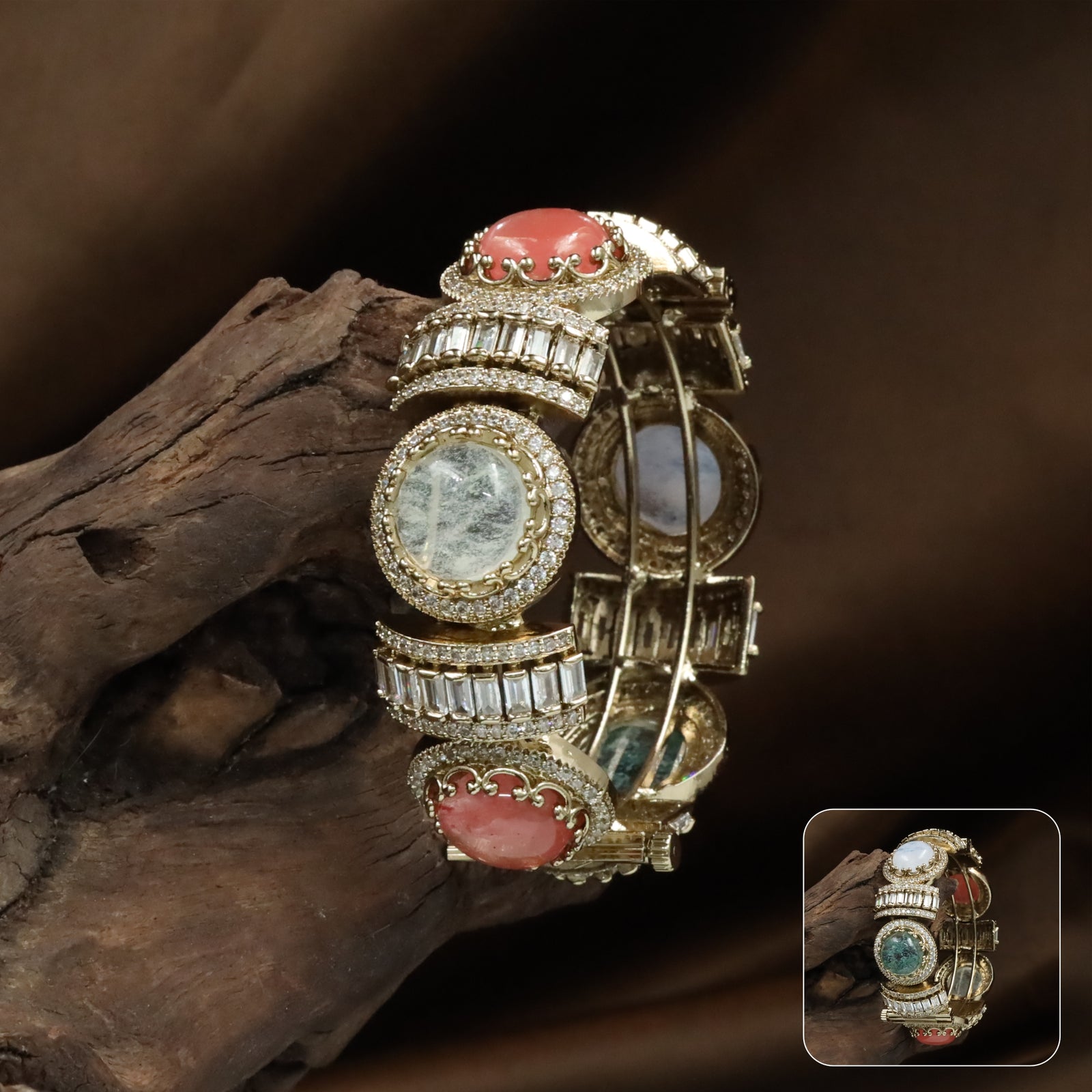 Bold Round Medallion Kundan Bangles with Layered Frame Detailing and Panel Links