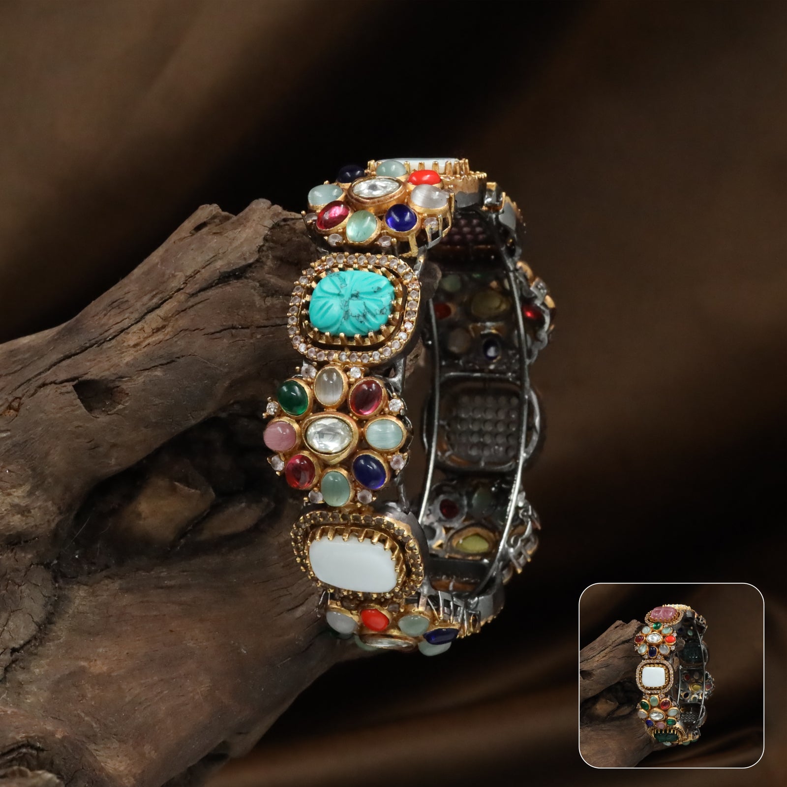 Multi Unit Kundan Bangles with Circular Frames and Layered Surface Work