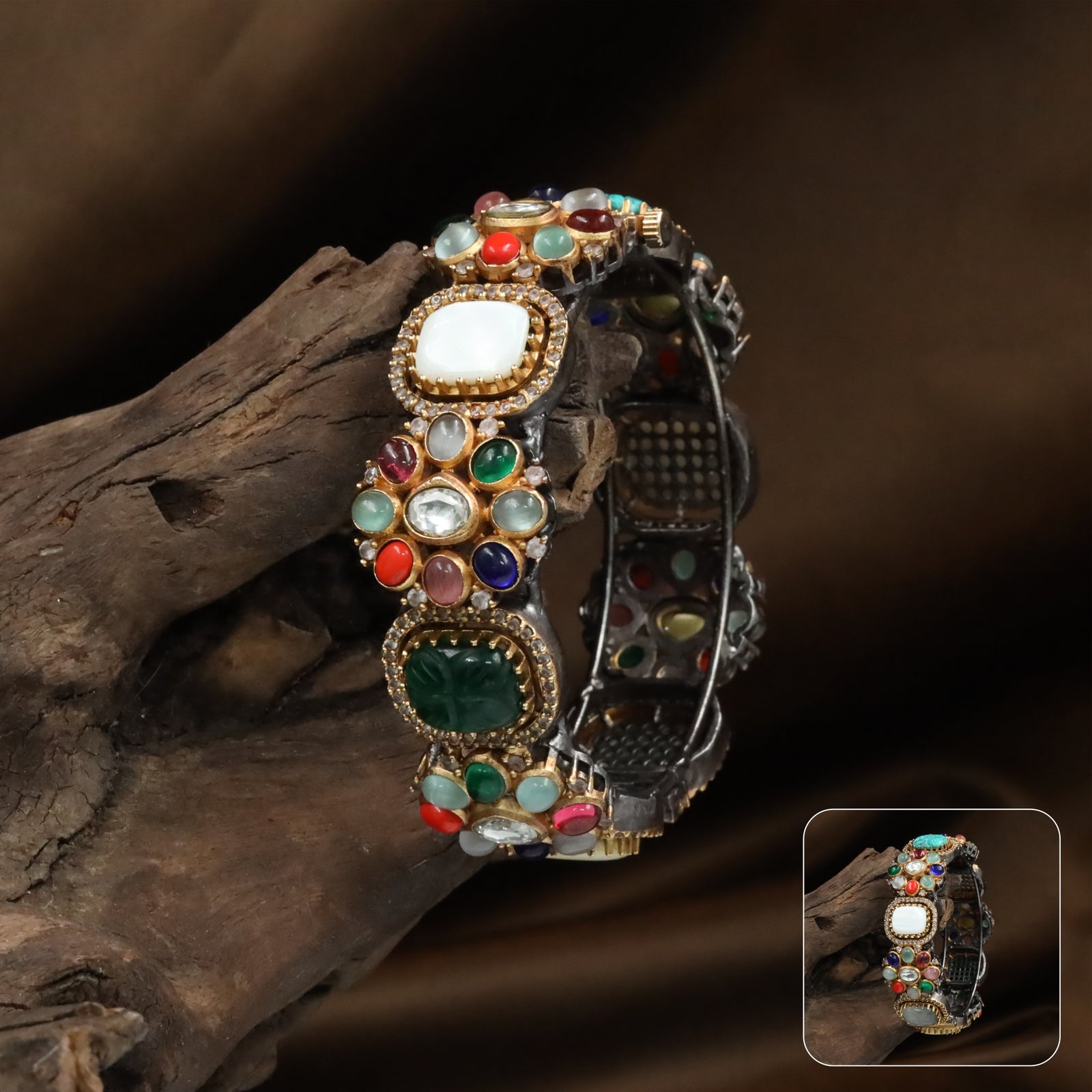 Multi Unit Kundan Bangles with Circular Frames and Layered Surface Work