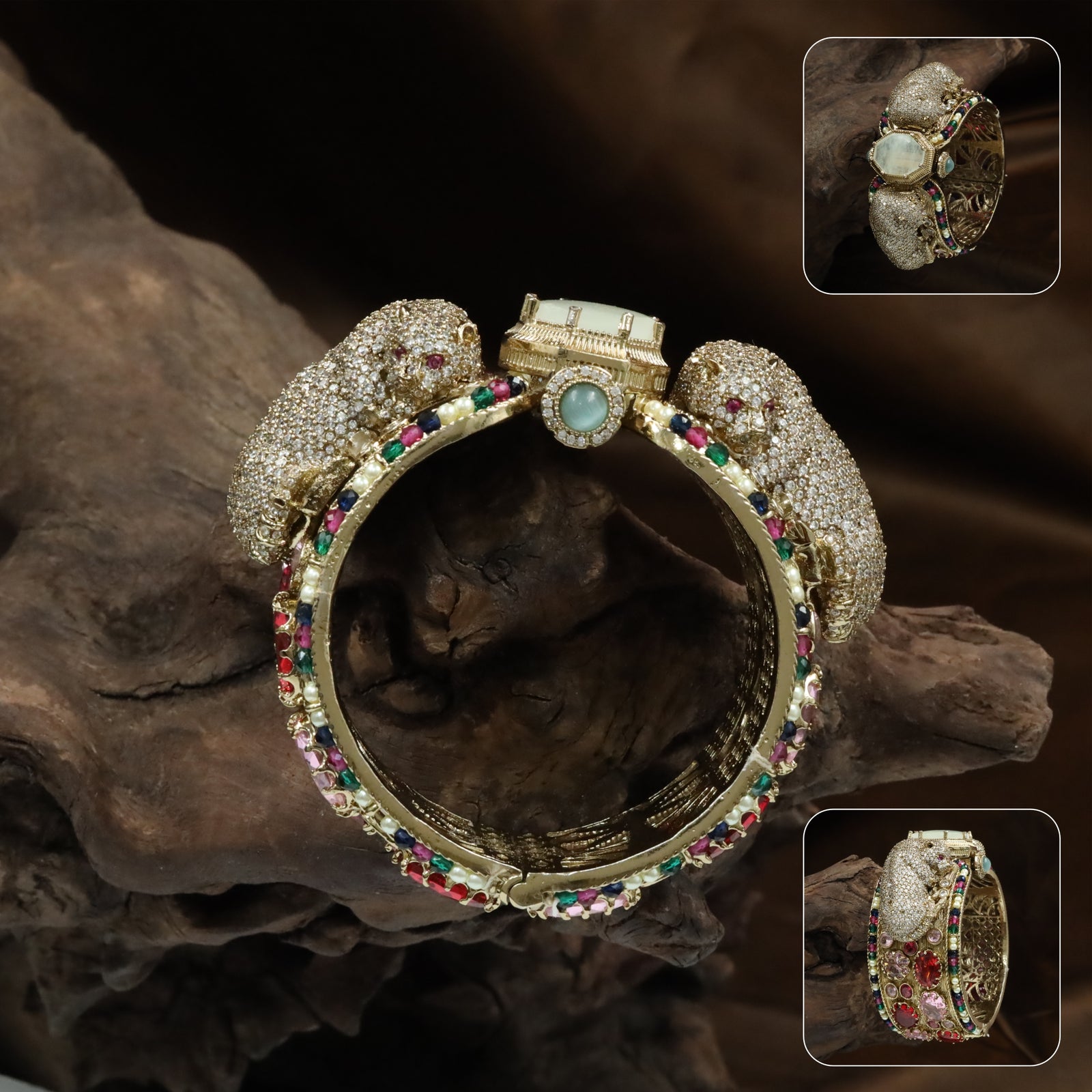 Panther Head Kundan Bangle with Structured Band and Dense Setting