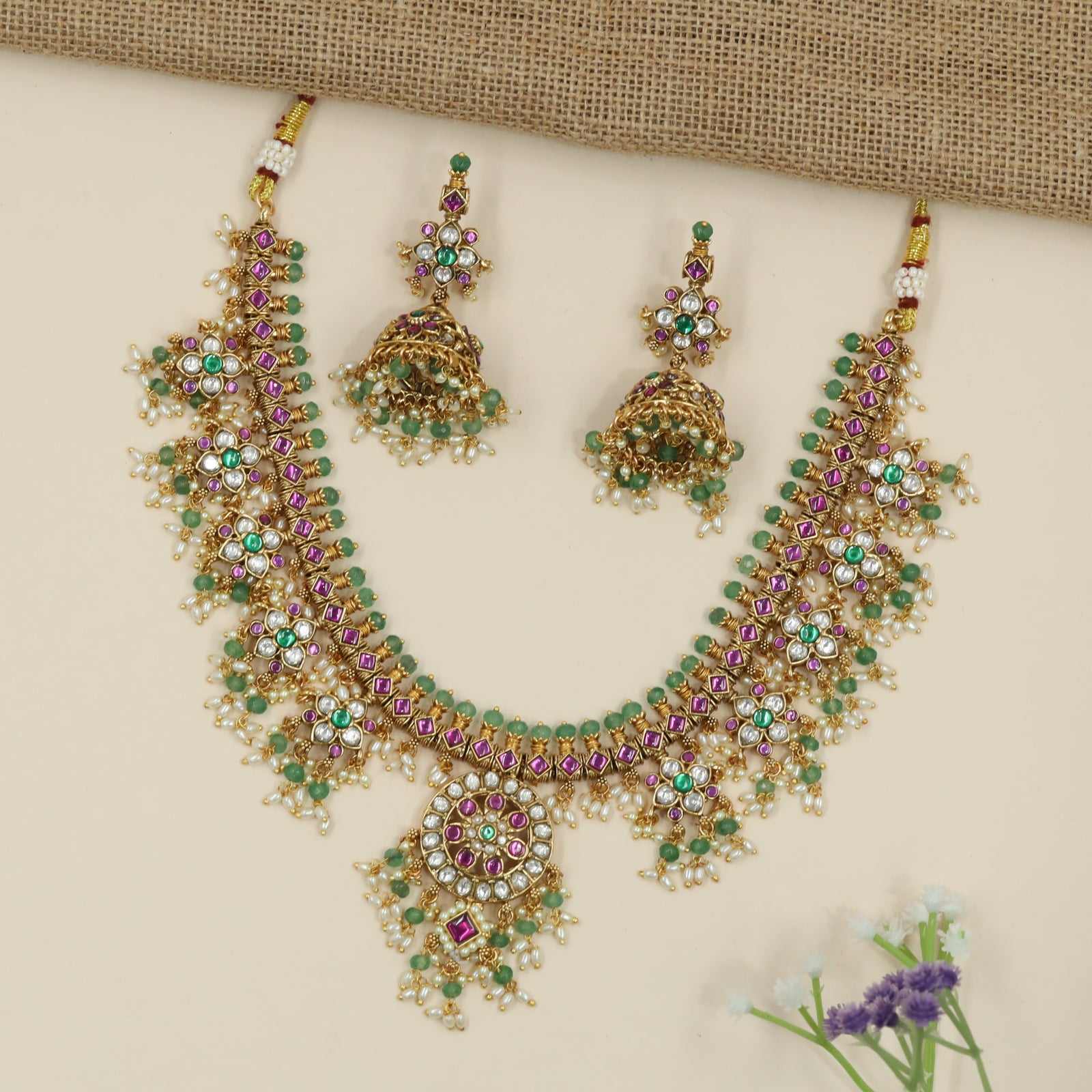 Floral Cluster Antique Necklace with Square Link Chain and Hanging Drops