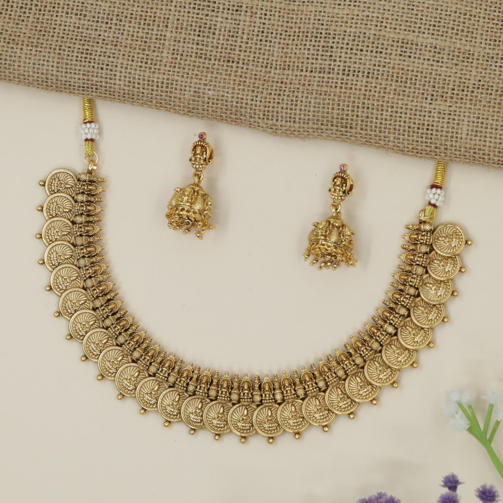 Kasu Maala Antique Necklace with Lakshmi Units and Dense Border Detailing