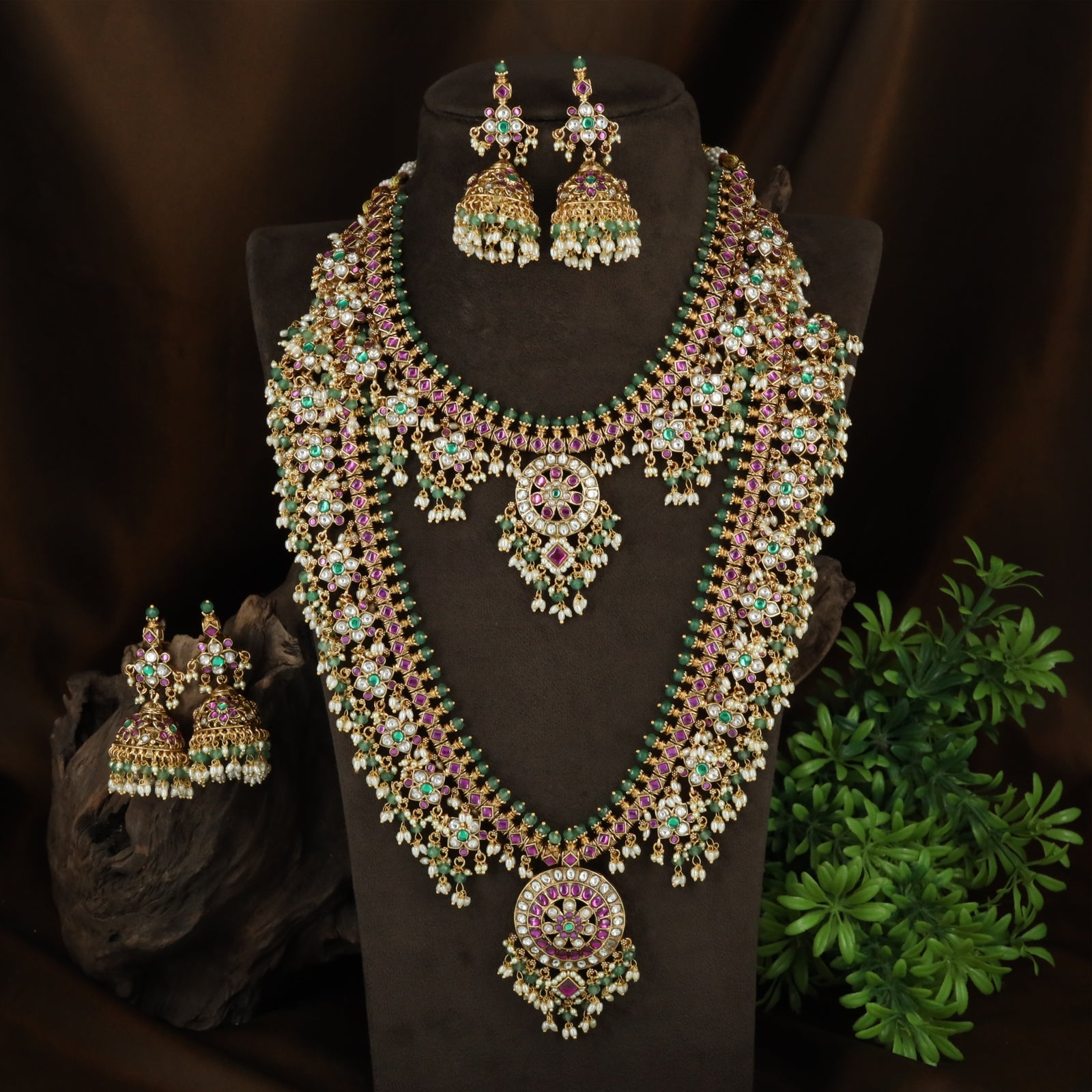 Dense Floral Antique Necklace Combo Set with Repeated Units and Drop Detailing