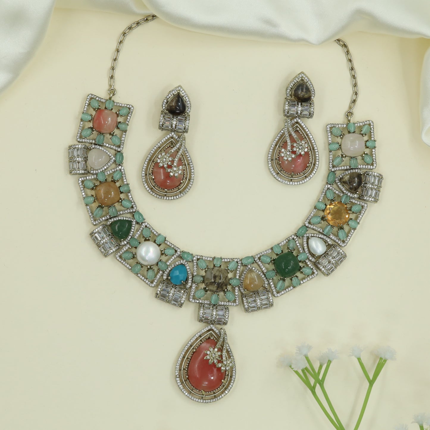 Krafted Frame Victorian Necklace with Mixed Shape Panels and Drop Centre