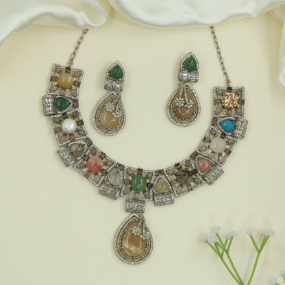 Krafted Frame Victorian Necklace with Mixed Shape Panels and Drop Centre