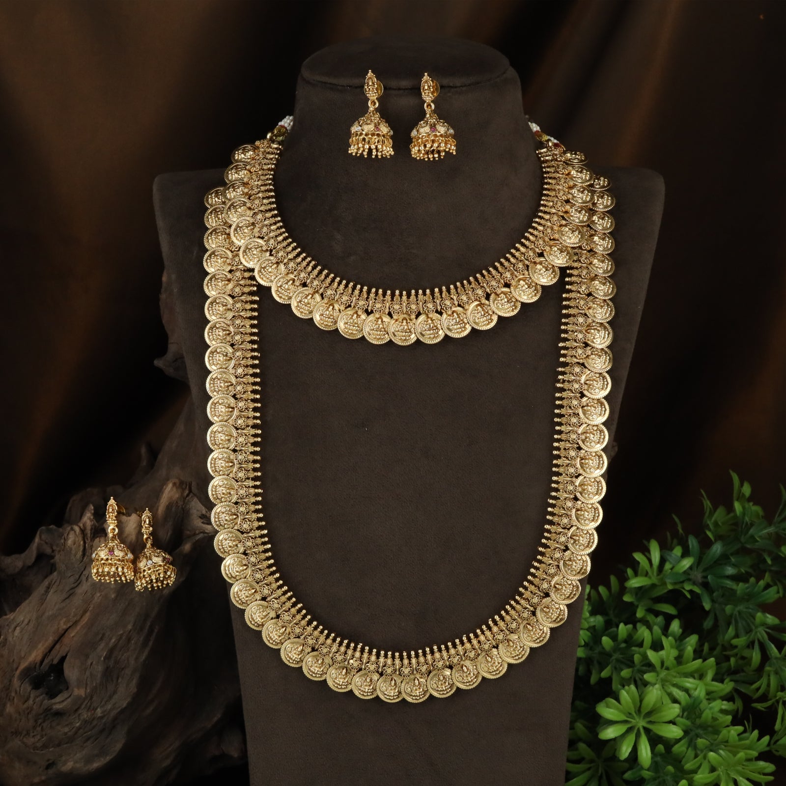 Lakshmi Coin Antique Necklace Combo Set with Layered Chains and Dense Layout