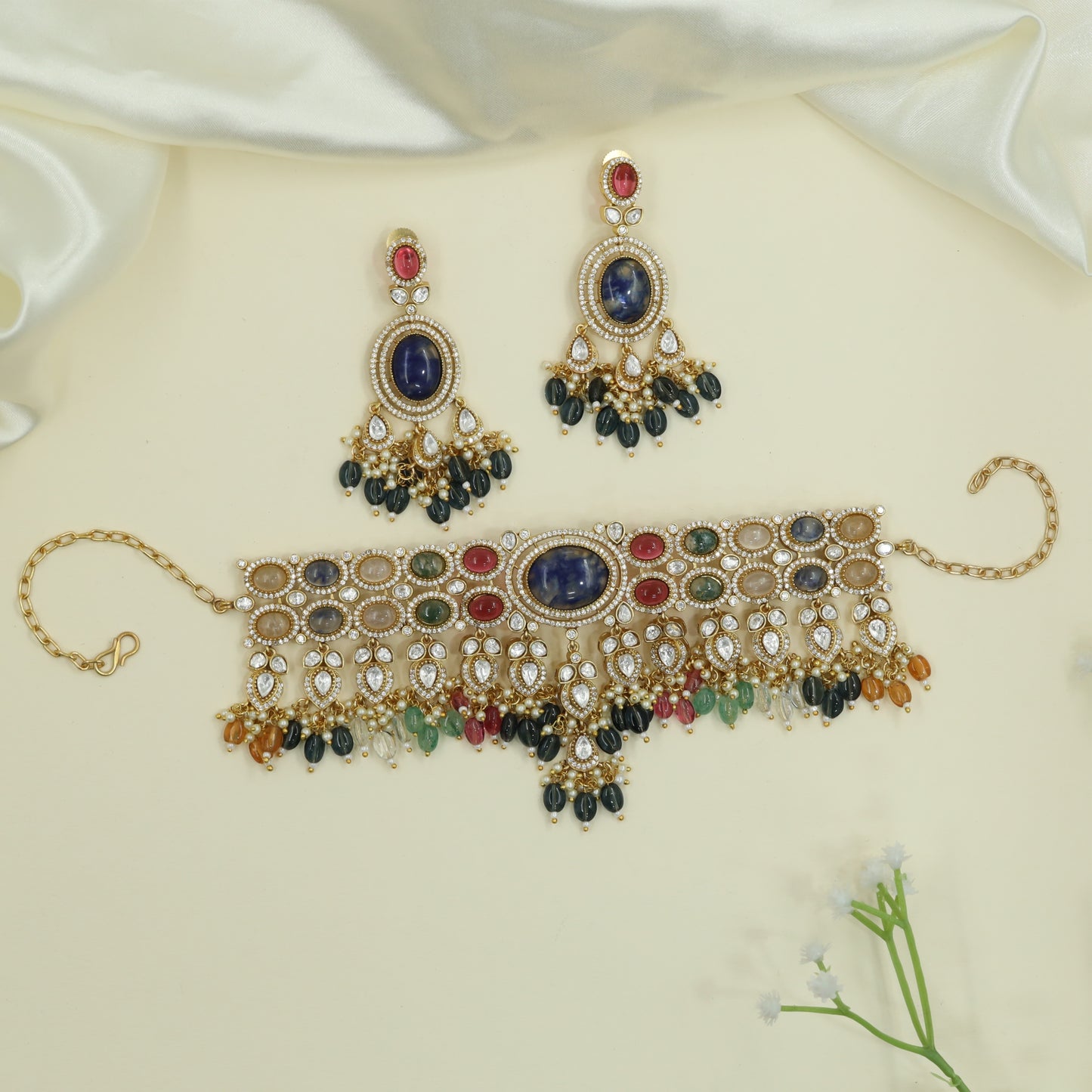 Cascading Panel Choker with Layered Oval Frames and Hanging Drop Fringe