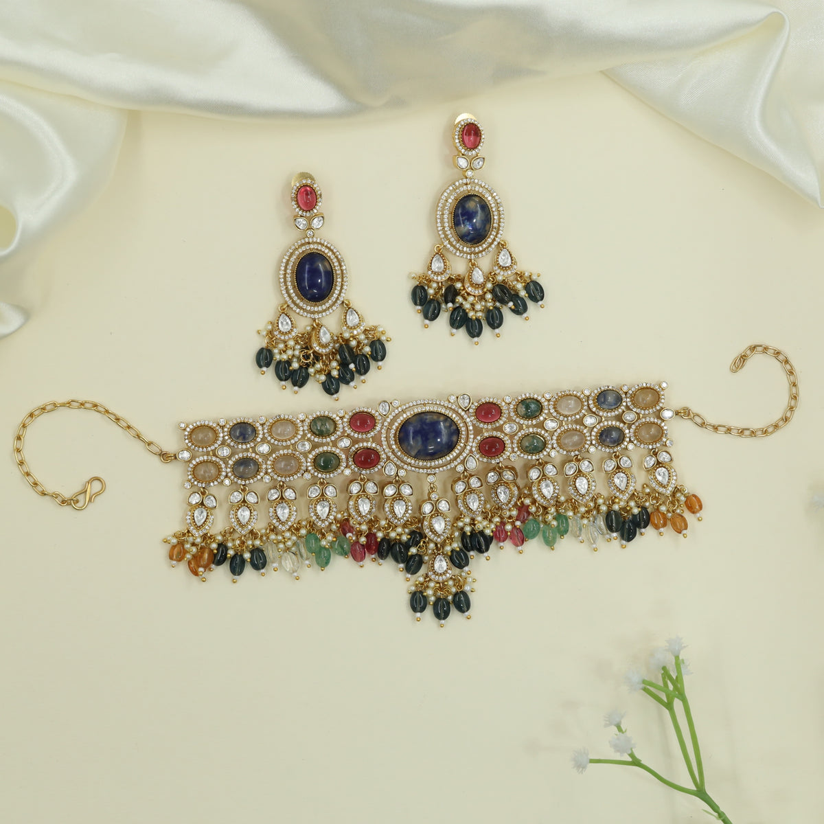 Cascading Panel Choker with Layered Oval Frames and Hanging Drop Fringe