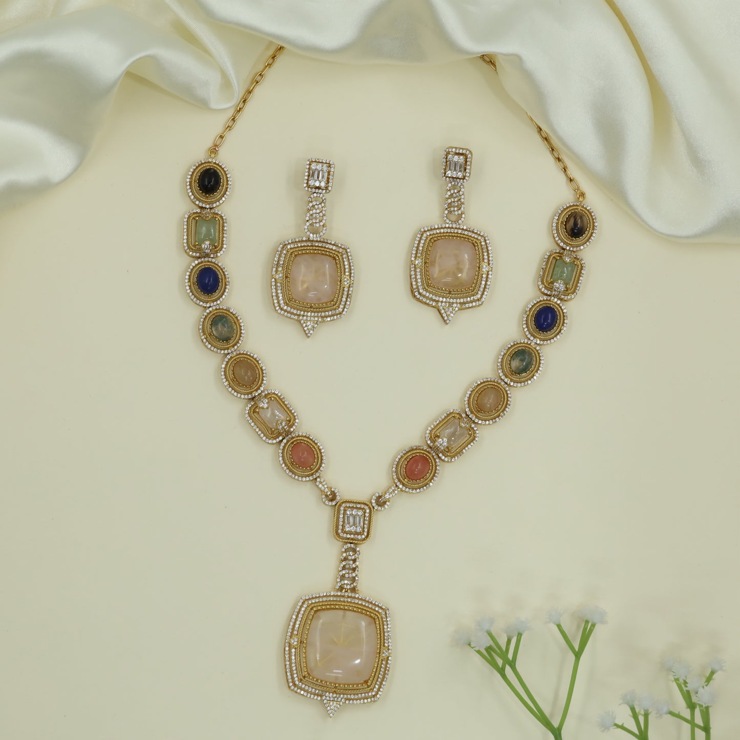 Iconic Link Victorian Necklace with Mixed Shape Panels and Drop Pendant