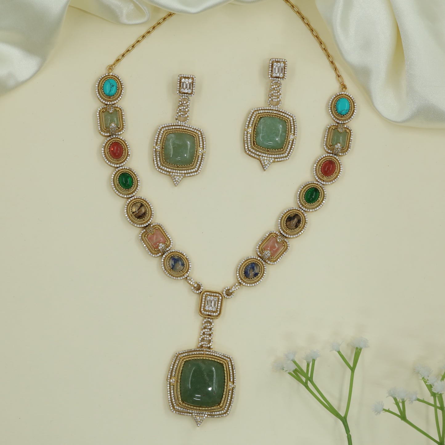 Iconic Link Victorian Necklace with Mixed Shape Panels and Drop Pendant