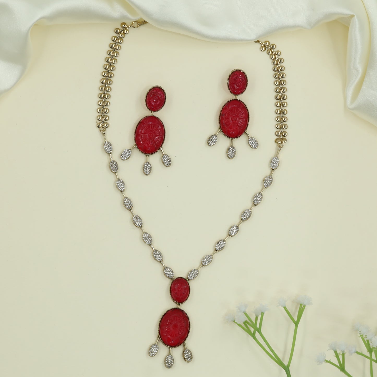 Opulent Oval Drop Victorian Necklace with Carved Centre and Hanging Drops
