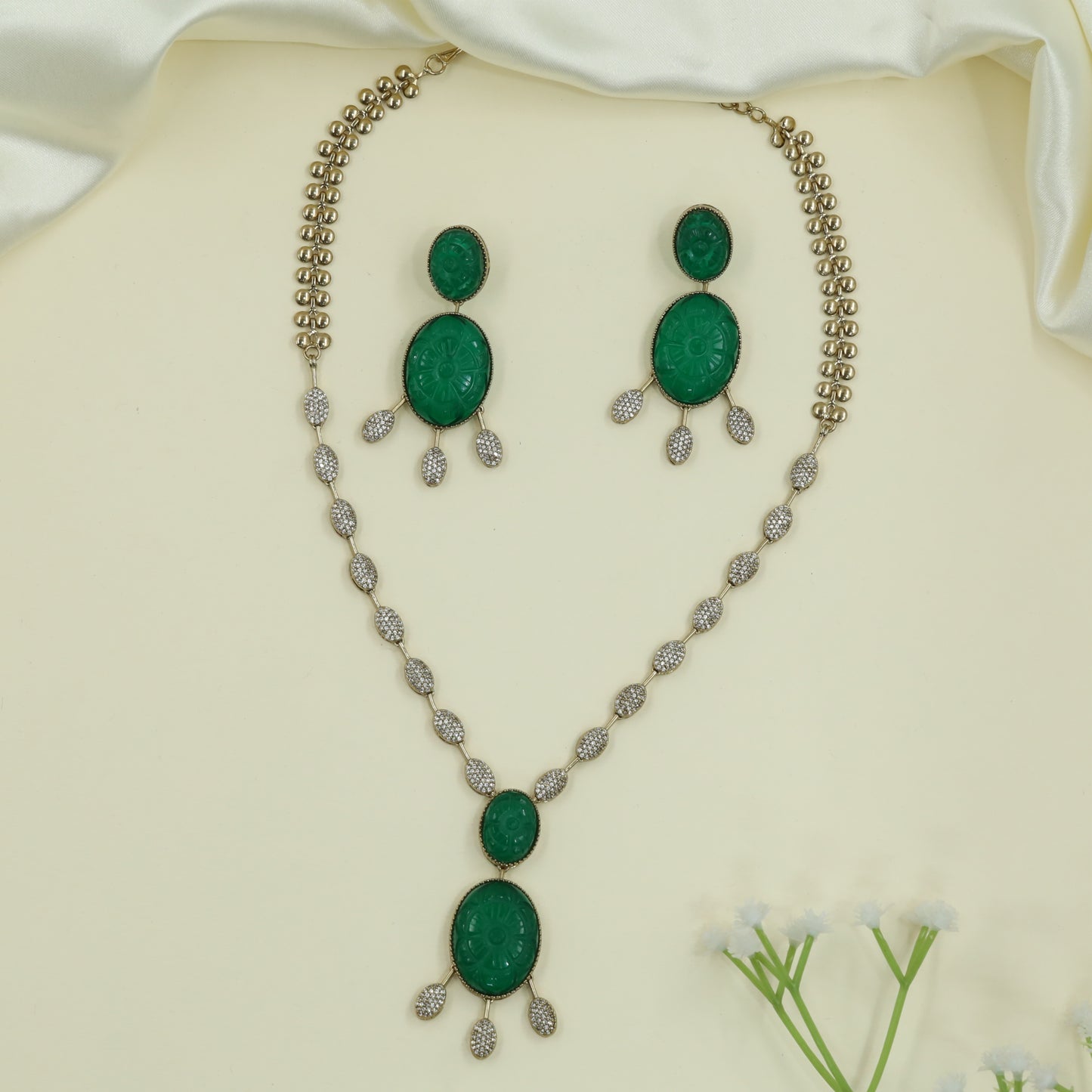 Opulent Oval Drop Victorian Necklace with Carved Centre and Hanging Drops