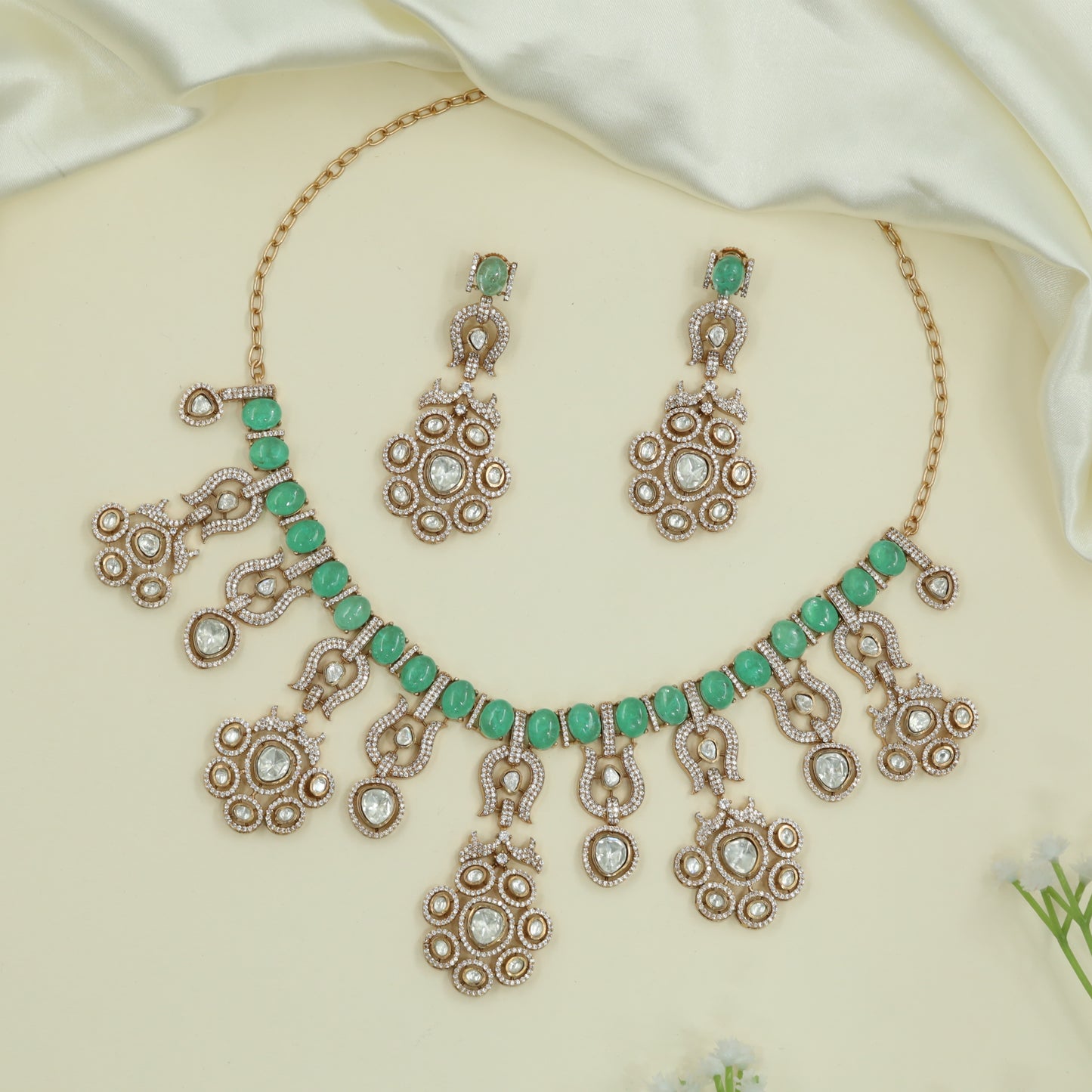 Opulent Bead Line Gold Necklace with Circular Drop Clusters and Hangings