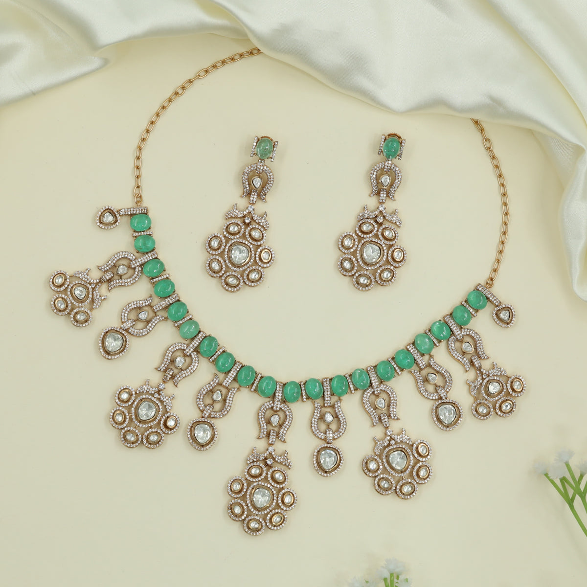 Opulent Bead Line Gold Necklace with Circular Drop Clusters and Hangings