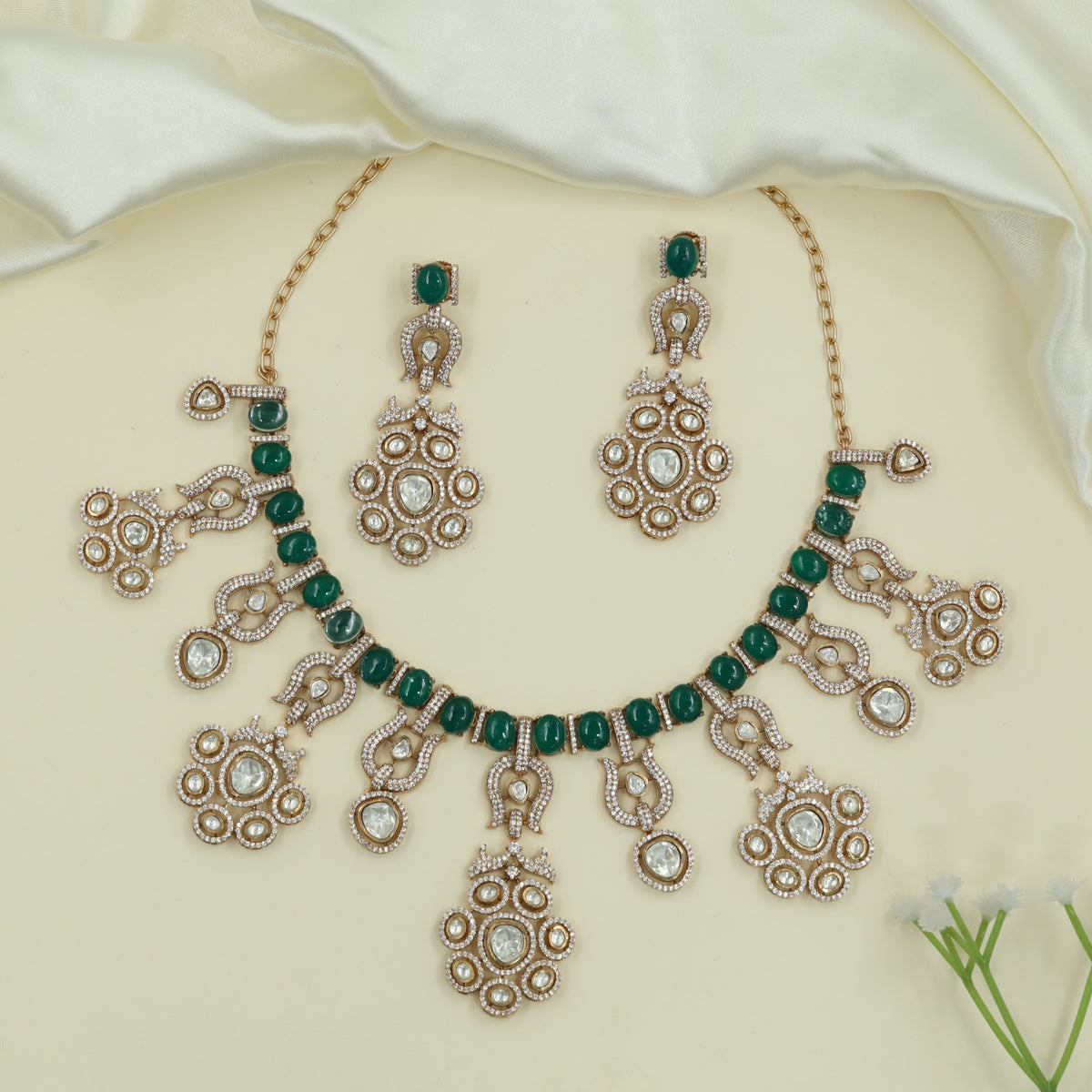 Opulent Bead Line Gold Necklace with Circular Drop Clusters and Hangings