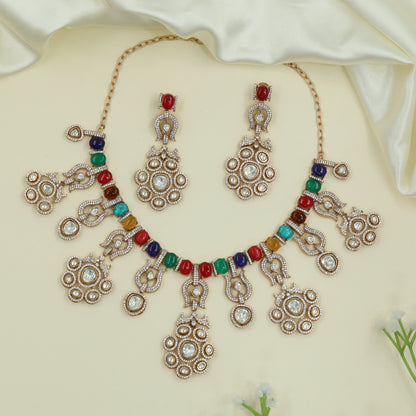 Opulent Bead Line Gold Necklace with Circular Drop Clusters and Hangings