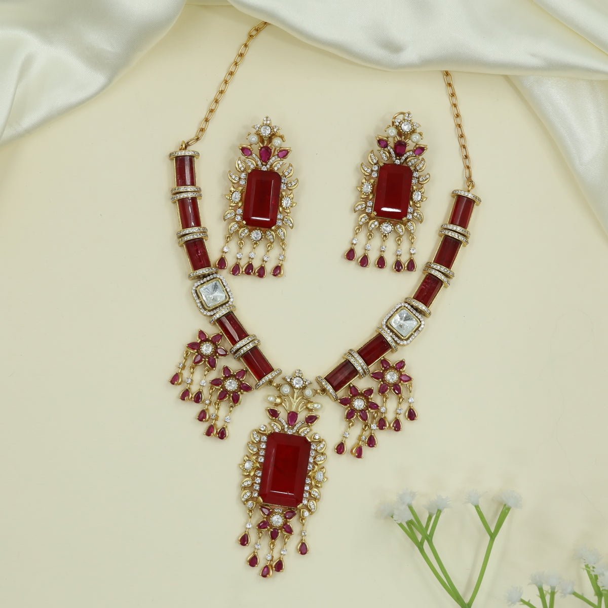 Gilded Bar Link Gold Necklace with Framed Segments and Drop Elements