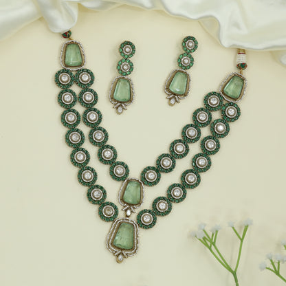 Dual Row Kundan Necklace with Circular Link Sequence and Framed Drop Pendant